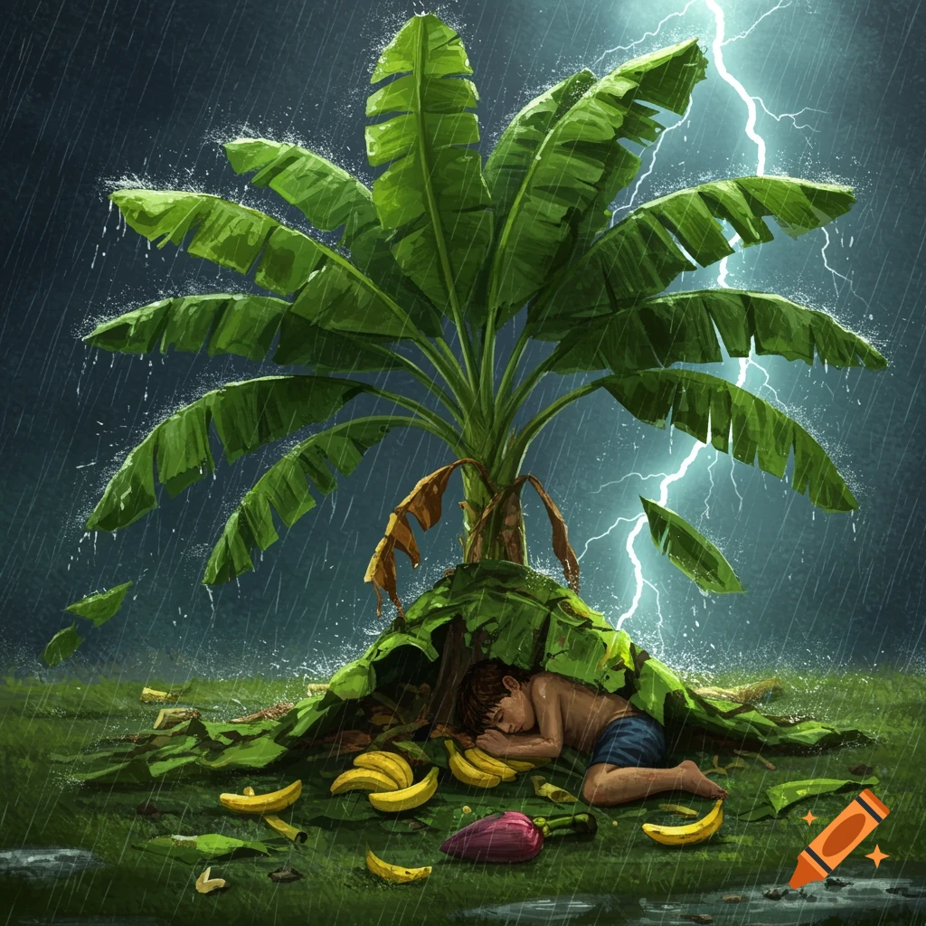 A boy sleeps under a banana tree, sheltered by its leaves, during a heavy rainstorm with lightning, surrounded by fallen bananas.