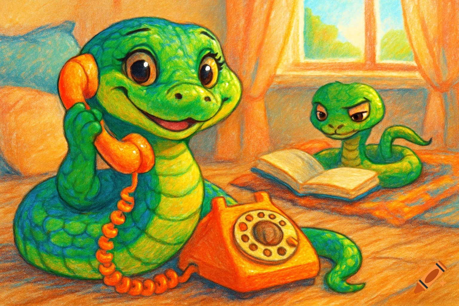 A smiling green snake talks on an orange rotary phone while a smaller, squinting green snake reads a book in a stylized crayon drawing.