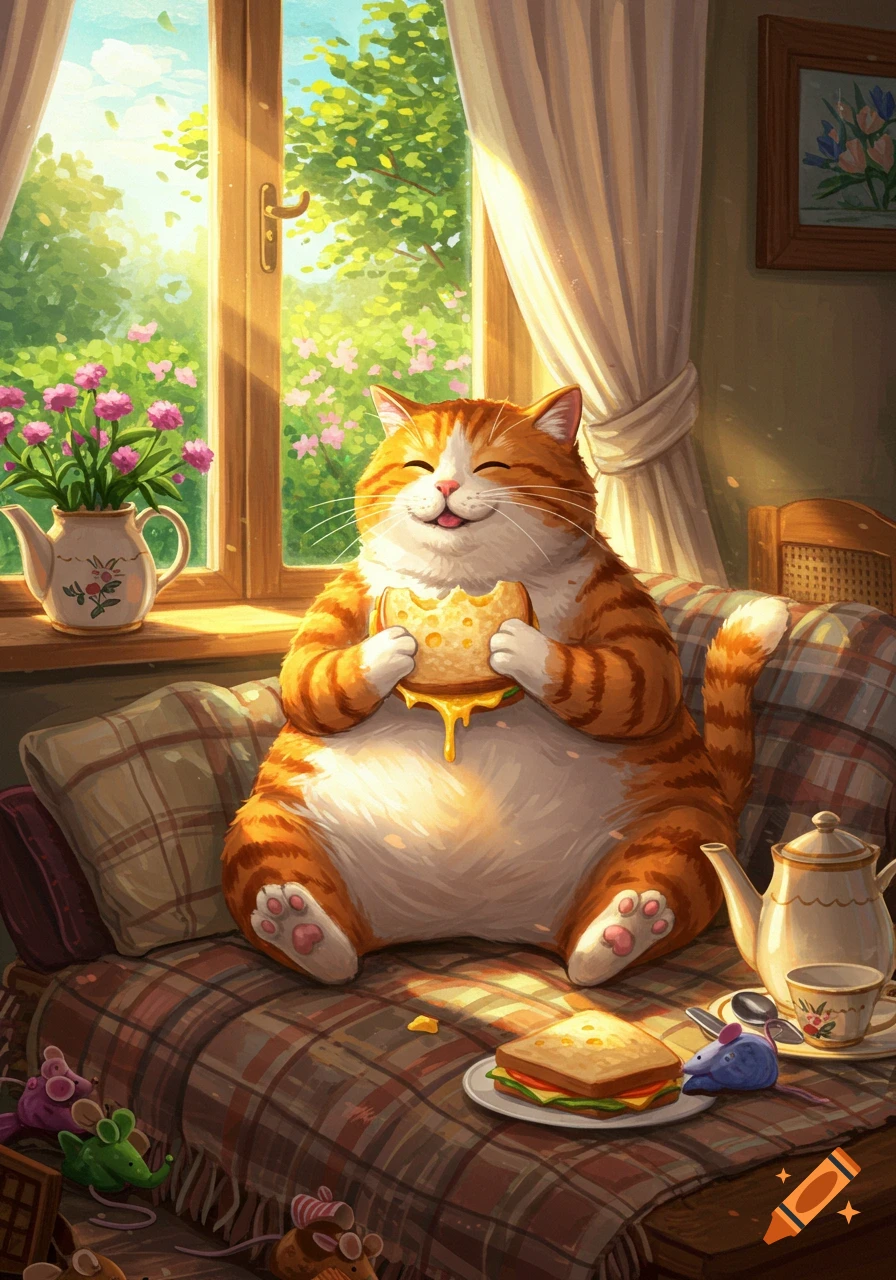 A happy, plump orange and white cat sits on a plaid couch, smiling as it eats a cheesy sandwich in a sunny room, cartoon style.