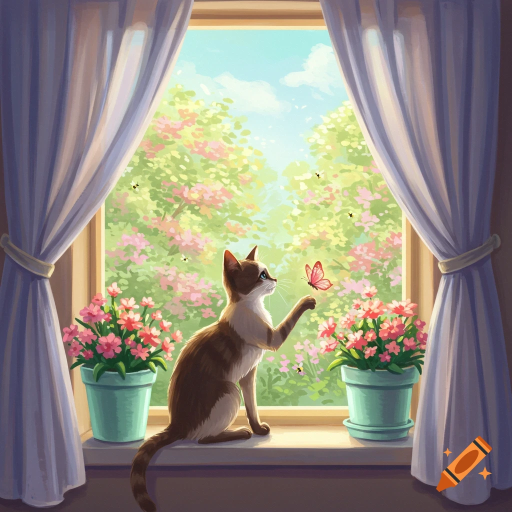 A brown and white cat sits on a sunlit windowsill, looking at a pink butterfly outside among blooming flowers, in a painterly style.