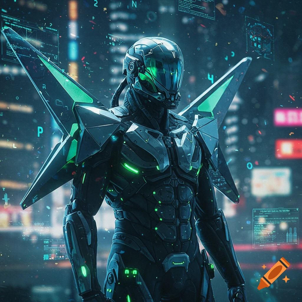 A futuristic cyborg or robot in dark armored suit with glowing green accents and triangular shoulder pads stands against a blurred cyberpunk cityscape.