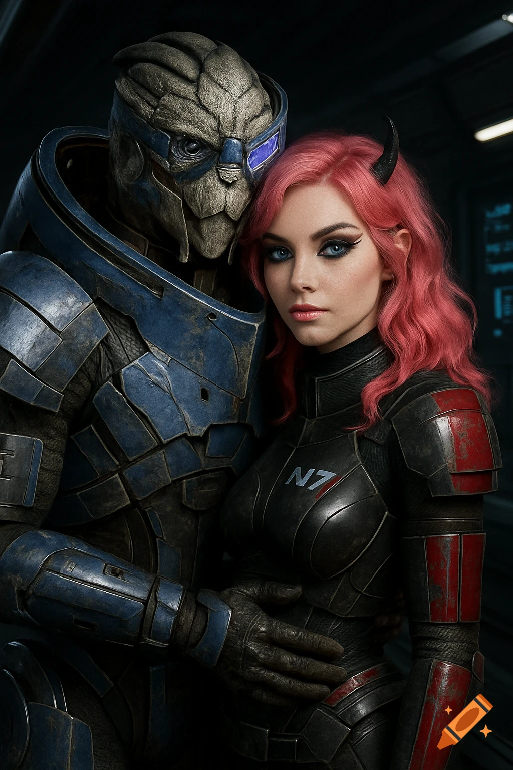 Garrus Vakarian embraces a pink-haired woman with horns, both wearing detailed sci-fi armor. Photorealistic style.