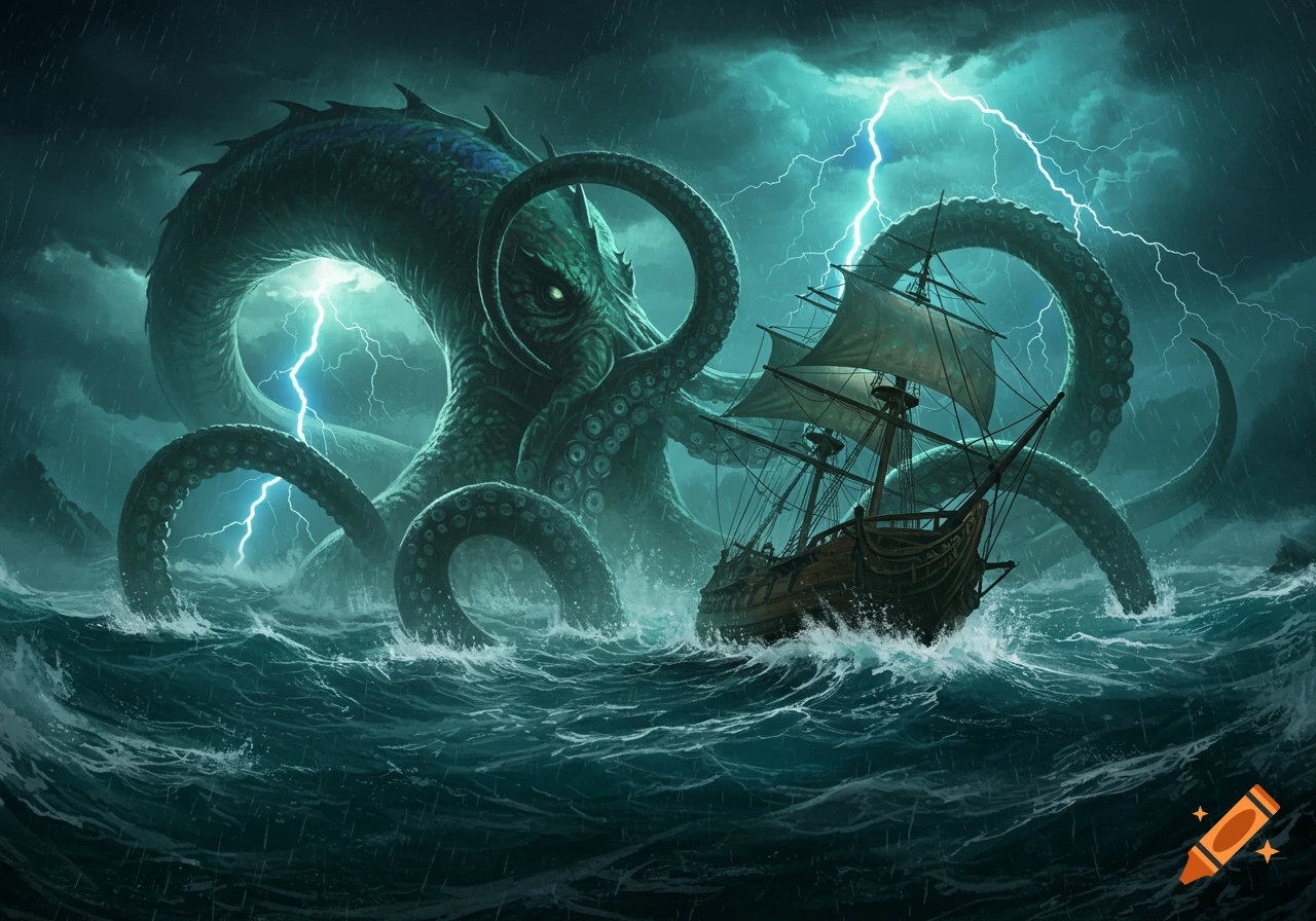 A giant kraken with glowing eyes emerges from a stormy, dark sea with lightning, towering over a sailing ship. Dark fantasy art.