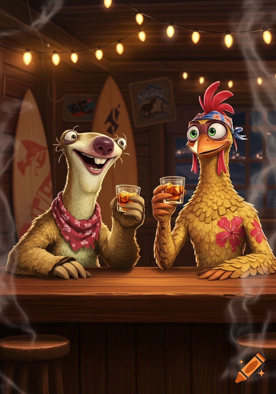 Sid the Sloth and Chicken Joe smiling at a bar, holding whiskey glasses, in a tiki-style setting with surfboards.