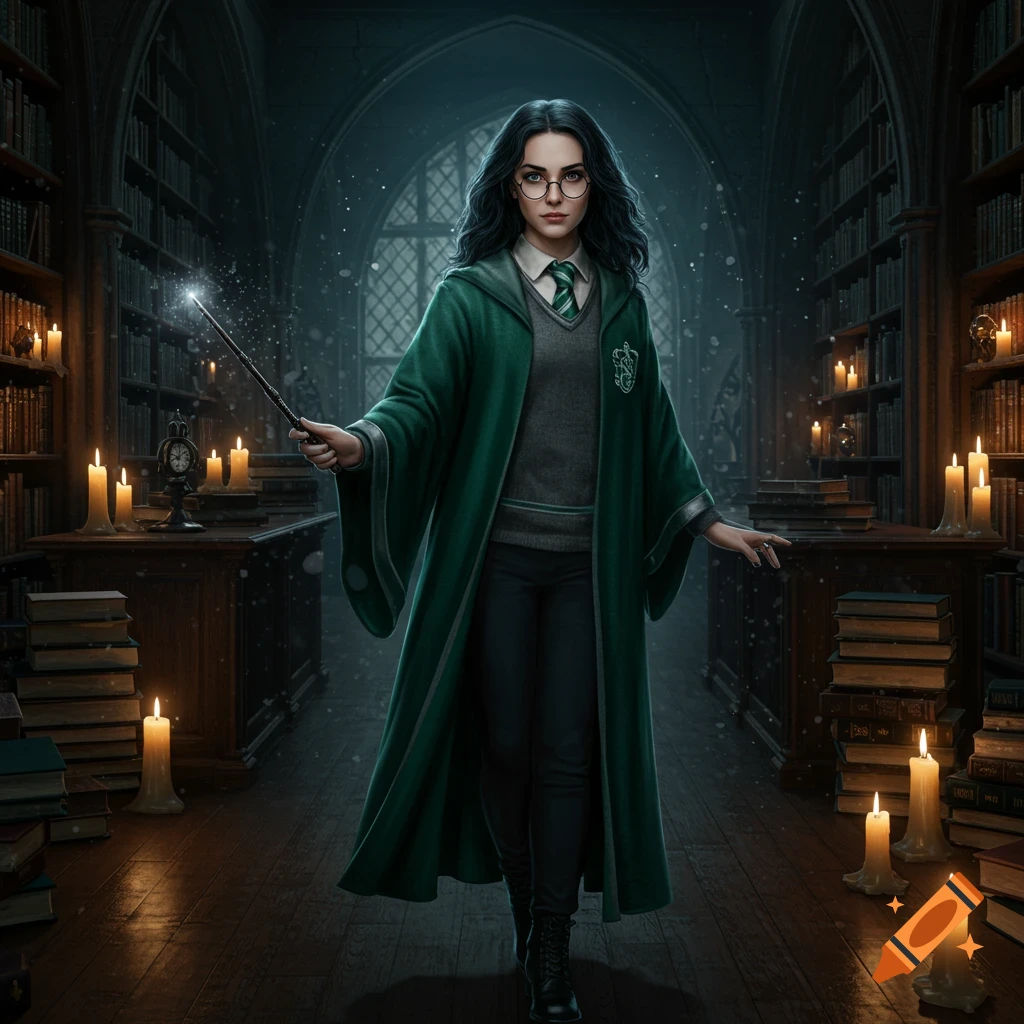 A young woman with dark hair in Slytherin robes and glasses holds a glowing wand in a dimly lit, candlelit library.