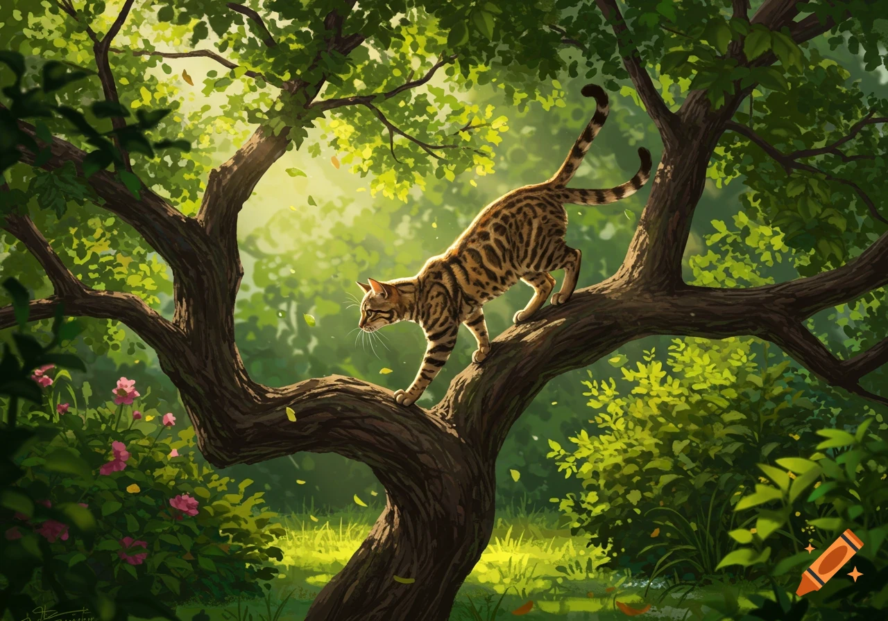 A dappled Bengal cat walks along a thick tree branch in a lush, sun-dappled forest with green leaves and pink flowers.