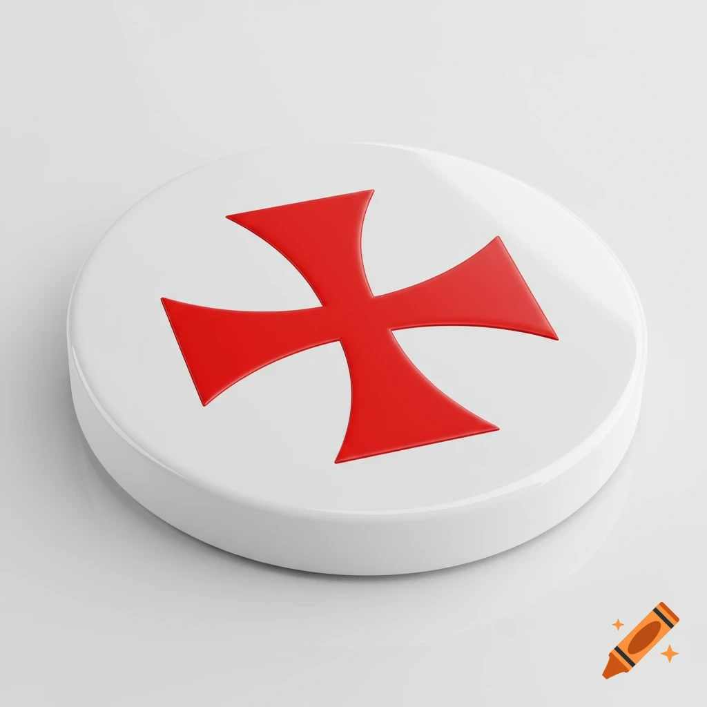 A white, high-gloss circular coaster featuring a prominent red cross with flared arms on its surface.