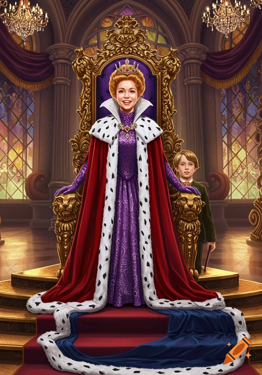 Veruca Salt as a queen in a purple gown and red cloak on a golden throne, with Charlie Bucket beside her in a grand throne room, detailed illustration.