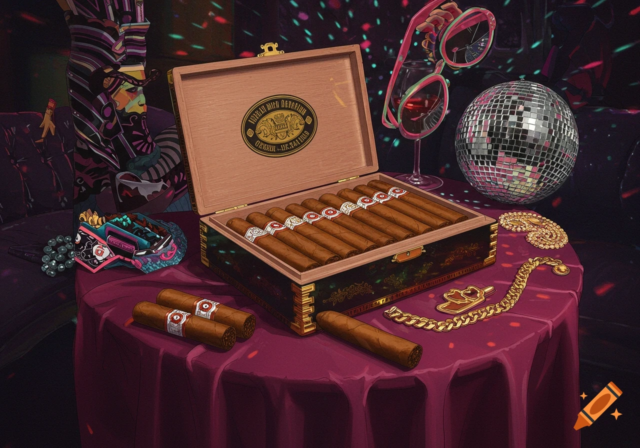 A vibrant, illustrative still life featuring an open wooden cigar box filled with cigars, a disco ball, a wine glass, pink sunglasses, and golden jewelry on a purple draped table, under colorful party lights.