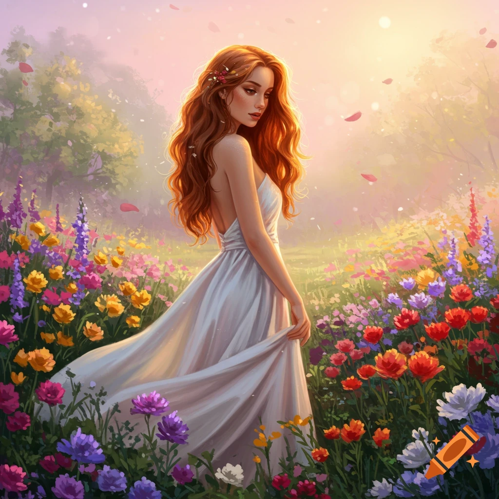 A woman with long red hair in a white dress stands in a vibrant field of colorful flowers, bathed in soft sunlight.