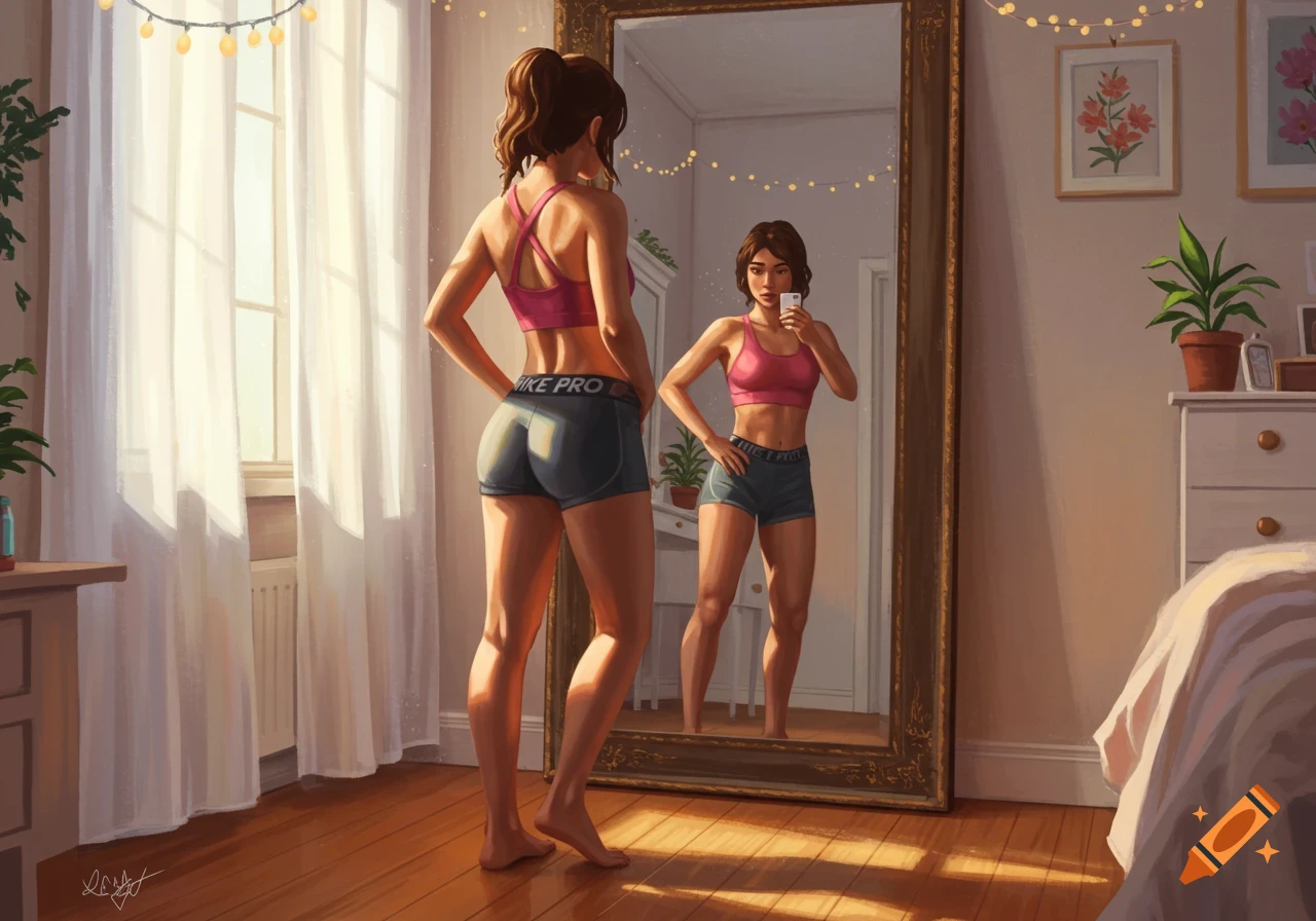 Digital painting of a woman in a pink sports bra and grey shorts taking a mirror selfie in a sunlit bedroom.
