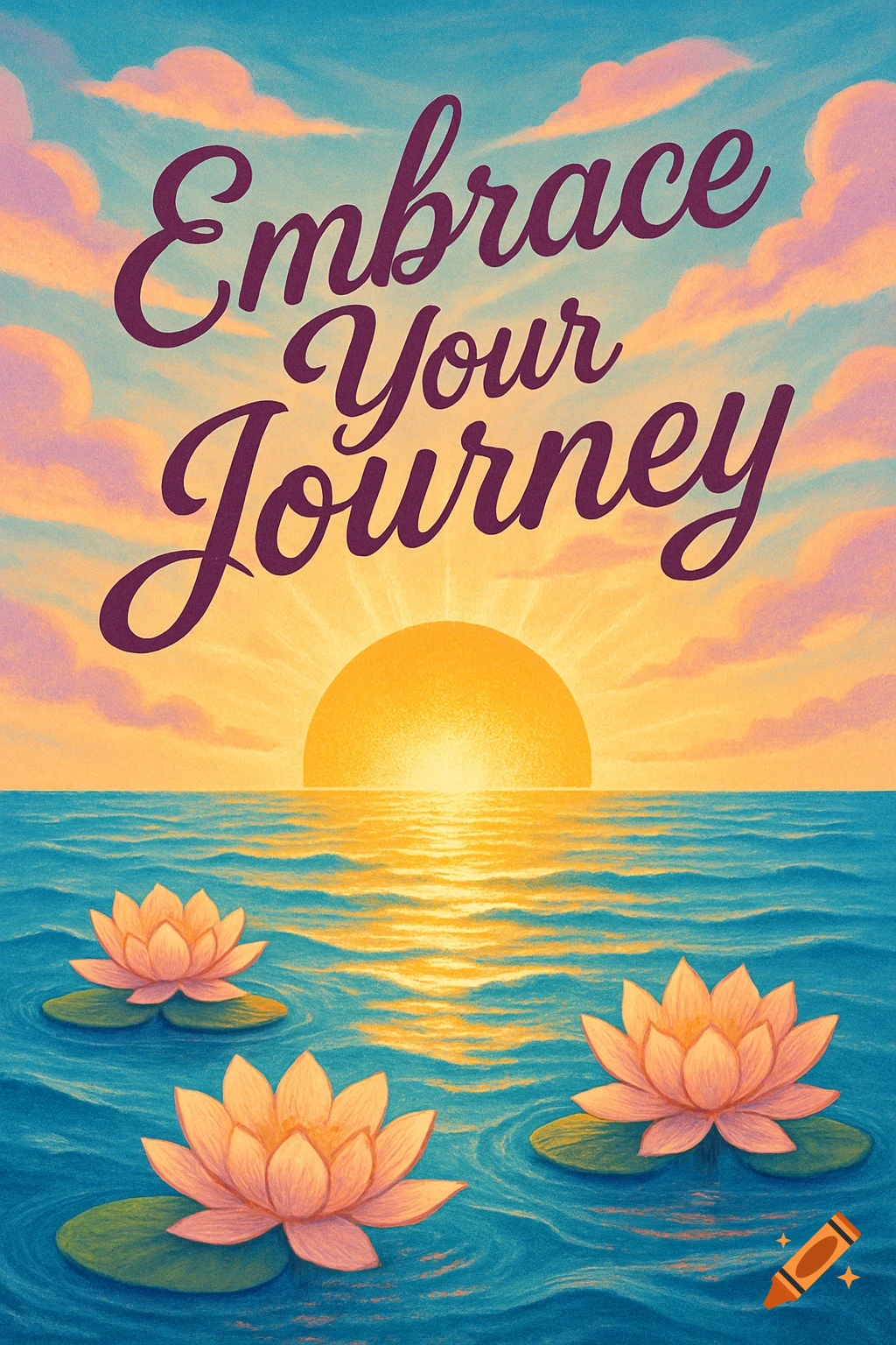 An inspirational illustration with "Embrace Your Journey" text above lotus flowers floating on water at sunset.
