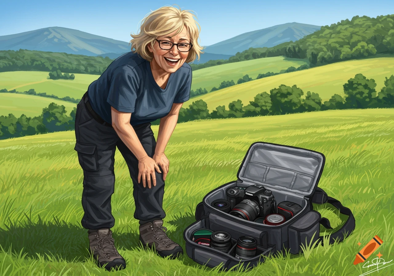 A smiling blonde woman in glasses, a blue shirt, and dark pants bends over an open camera bag filled with Canon gear in a sunny green field with hills.