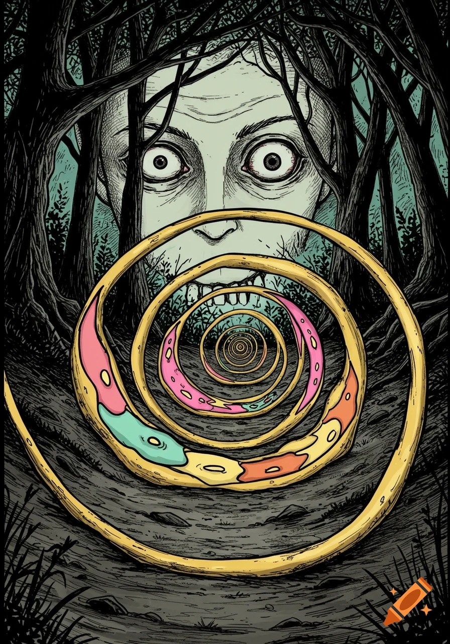 Stylized horror illustration of a pale, wide-eyed face emerging from dark woods with a colorful spiral leading into its mouth.
