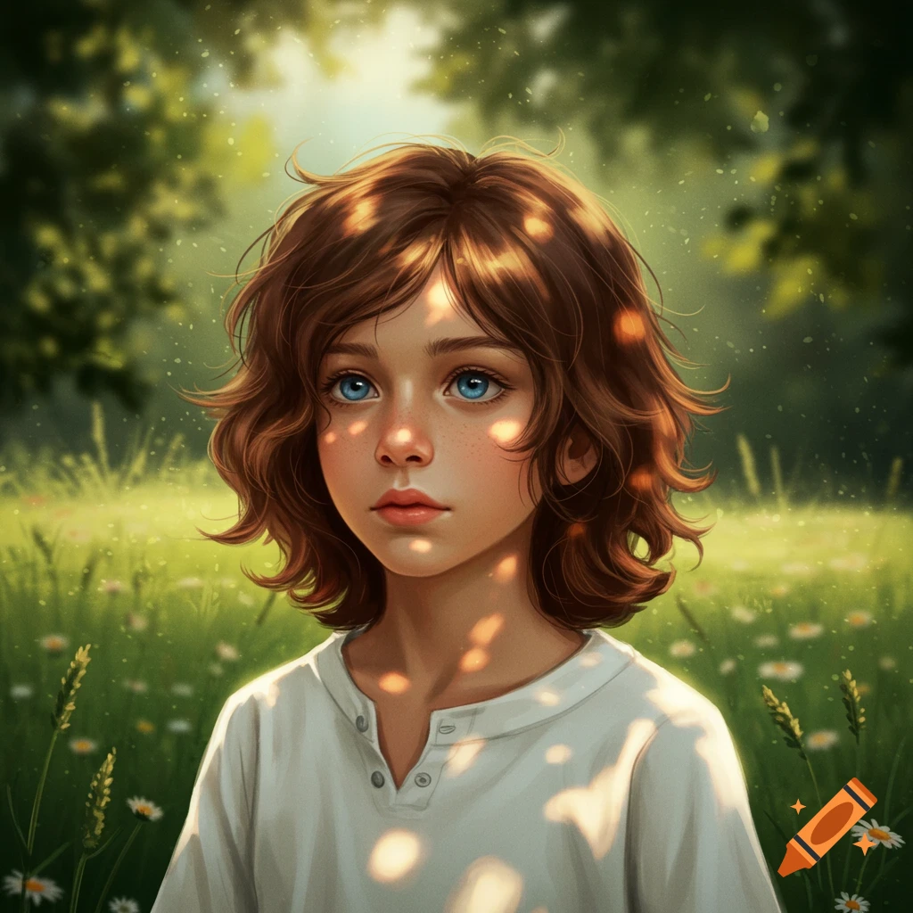 Digital painting of a blue-eyed boy with brown wavy hair and freckles, in a sunny field.