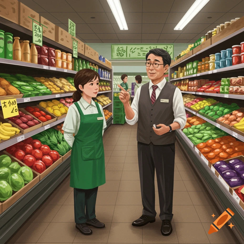 An illustration of a female grocery store employee in a green apron talking to her male manager in a vest, both standing in an aisle filled with fresh produce and shelves of products.