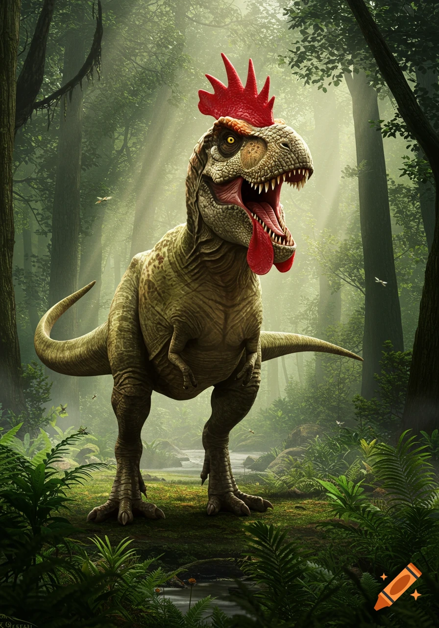 A photorealistic T-Rex with a red chicken comb and wattle stands in a lush, misty jungle with its mouth open and tongue out.