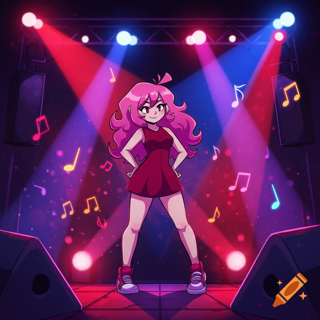 Cartoon girl with pink hair in a red dress stands on a stage under red and blue spotlights with floating musical notes.