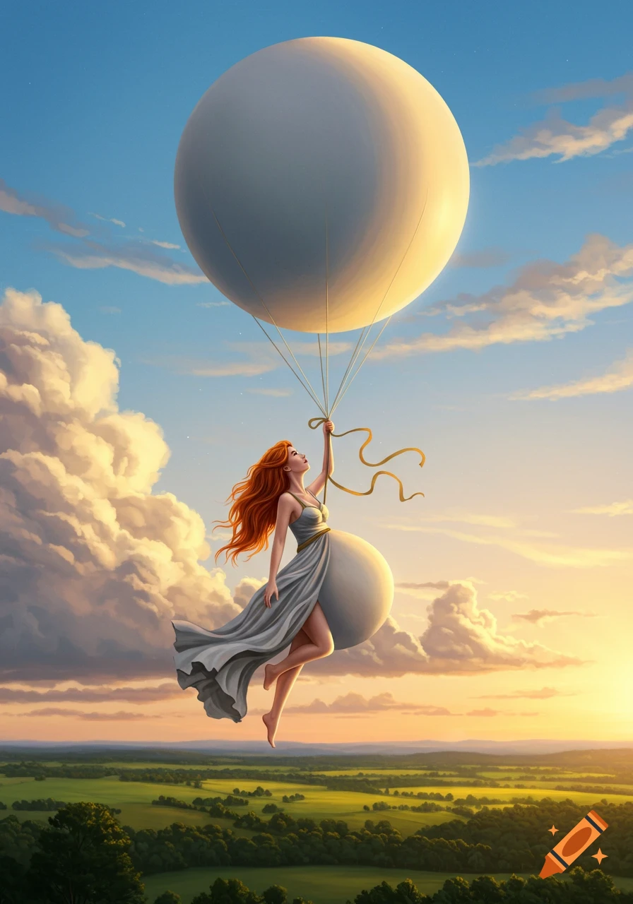 A woman with long red hair and a balloon-like inflated belly flies through a sunset sky above a green landscape, digital art.