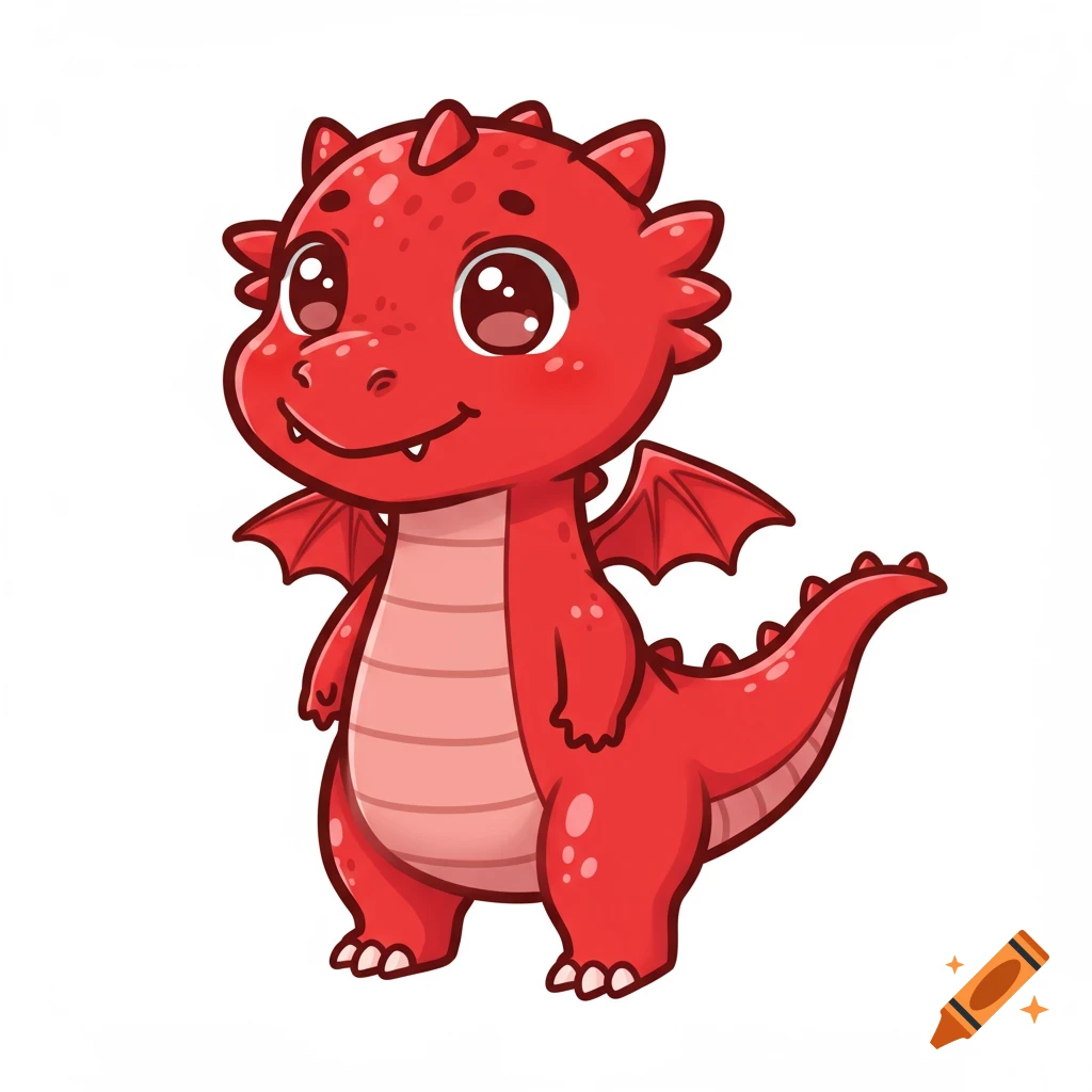 A cute, smiling red cartoon dragon with small wings stands on a white background.
