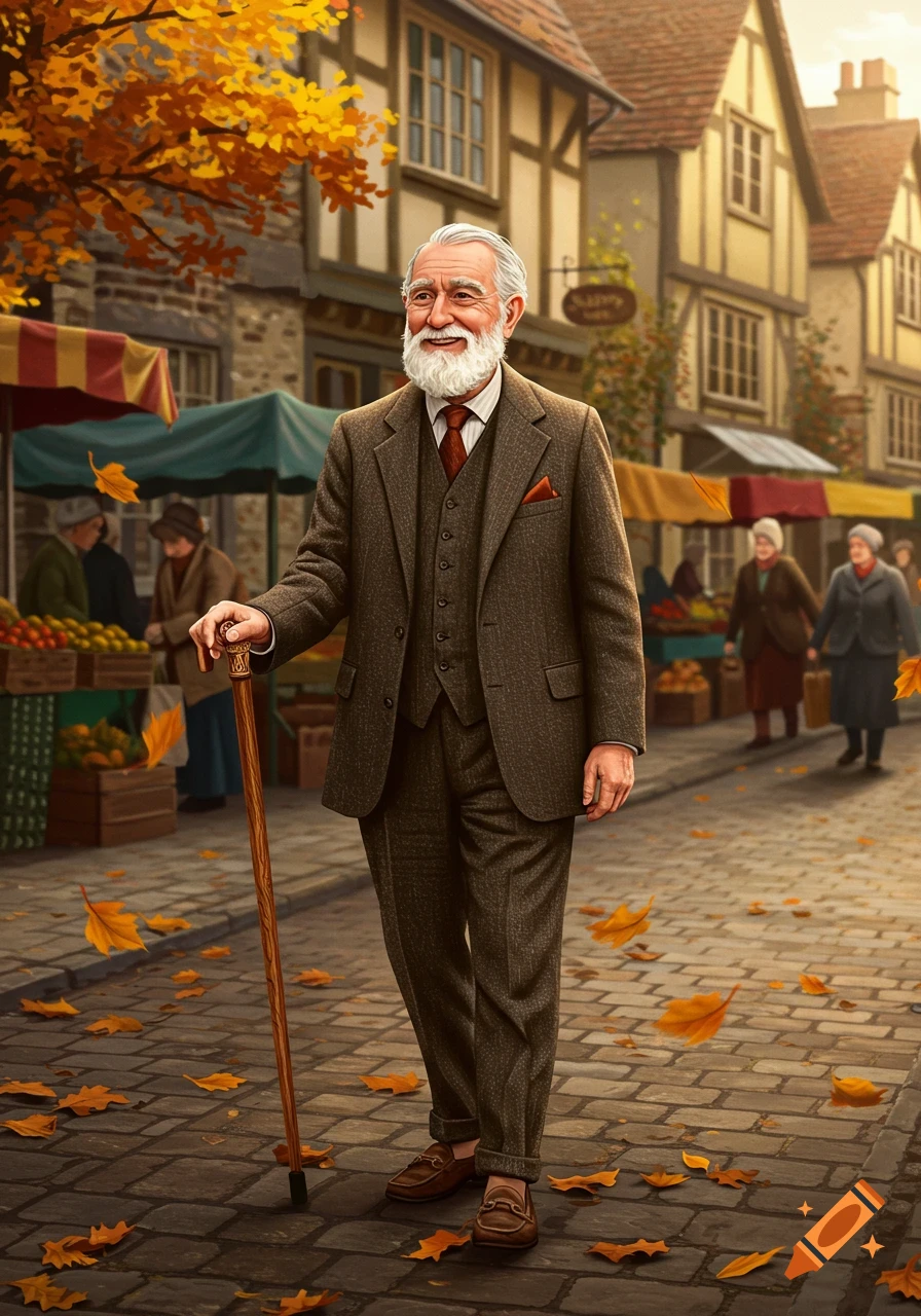 An elderly man with a white beard and brown suit walks with a cane on a cobblestone street covered in autumn leaves in a quaint village market.