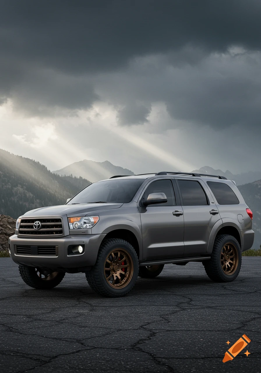 A grey Toyota Sequoia SUV with bronze wheels parked on asphalt, with mountains and a dramatic, ray-lit sky in the background.