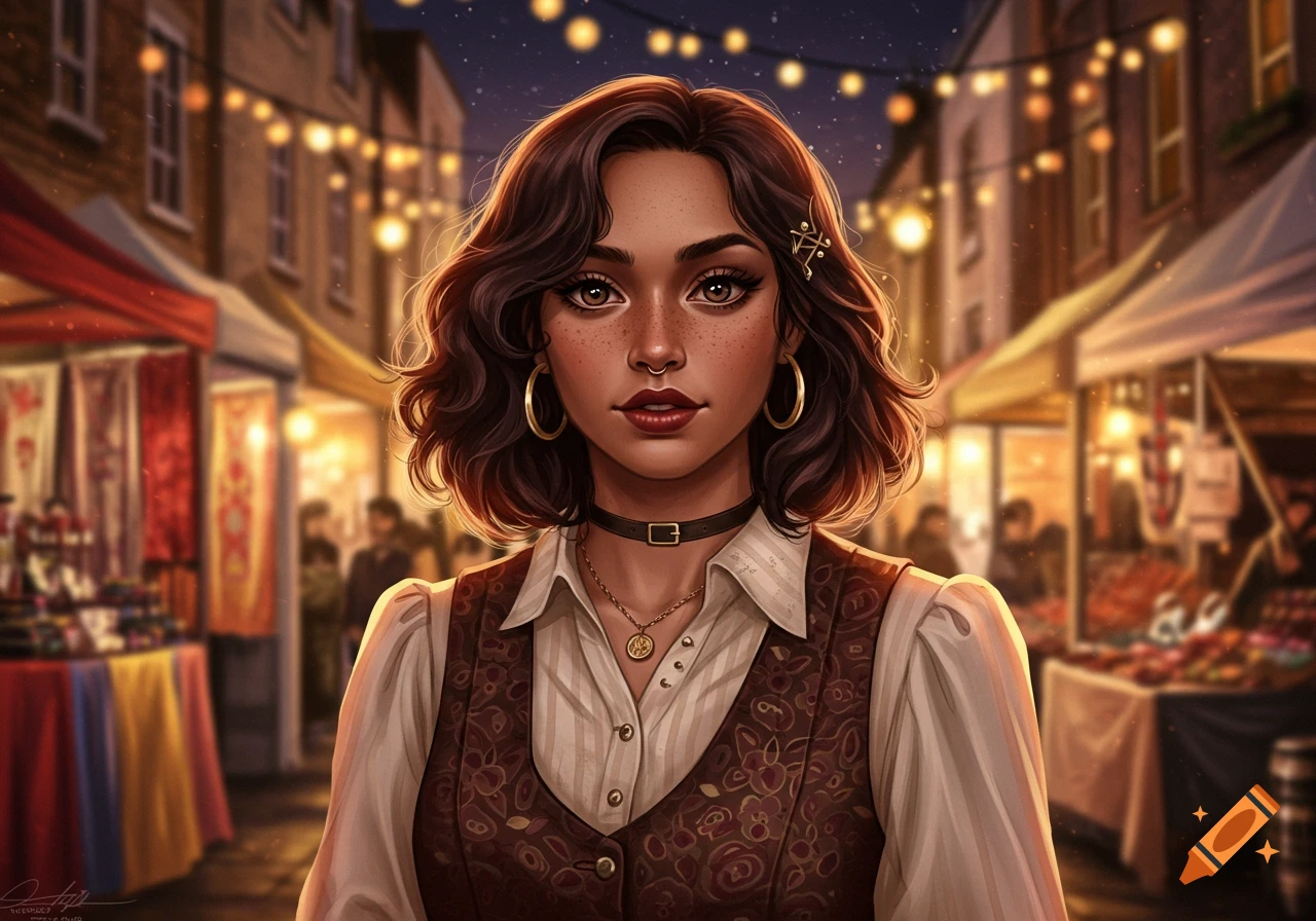 Digital portrait of a young woman with dark hair and freckles in a bustling night market under string lights.