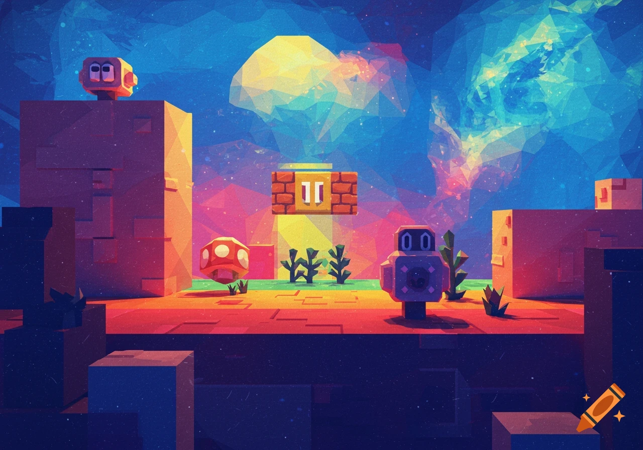 A vibrant, low-poly video game landscape with blocky characters, floating mushroom, and geometric structures under a colorful, abstract sky.