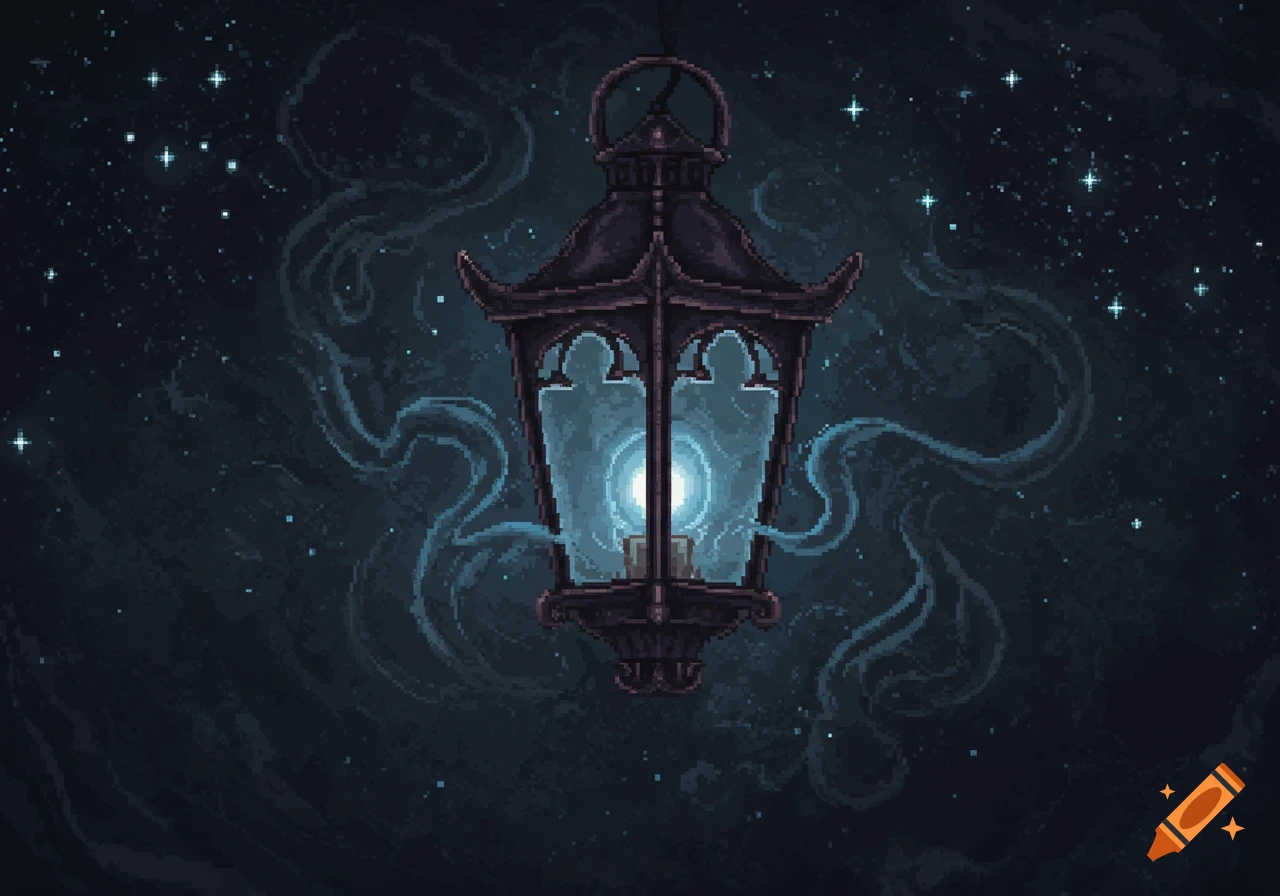 Pixel art of an ornate lantern emitting a blue glow and swirling smoke against a dark, starry night sky.