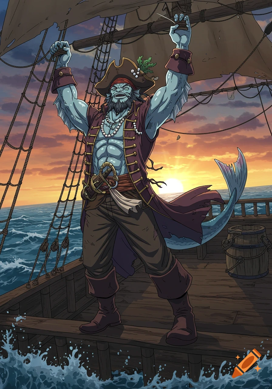Anime illustration of a blue fishman pirate with a beard, in a coat, standing on a sailing ship at sunset, stormy sea.