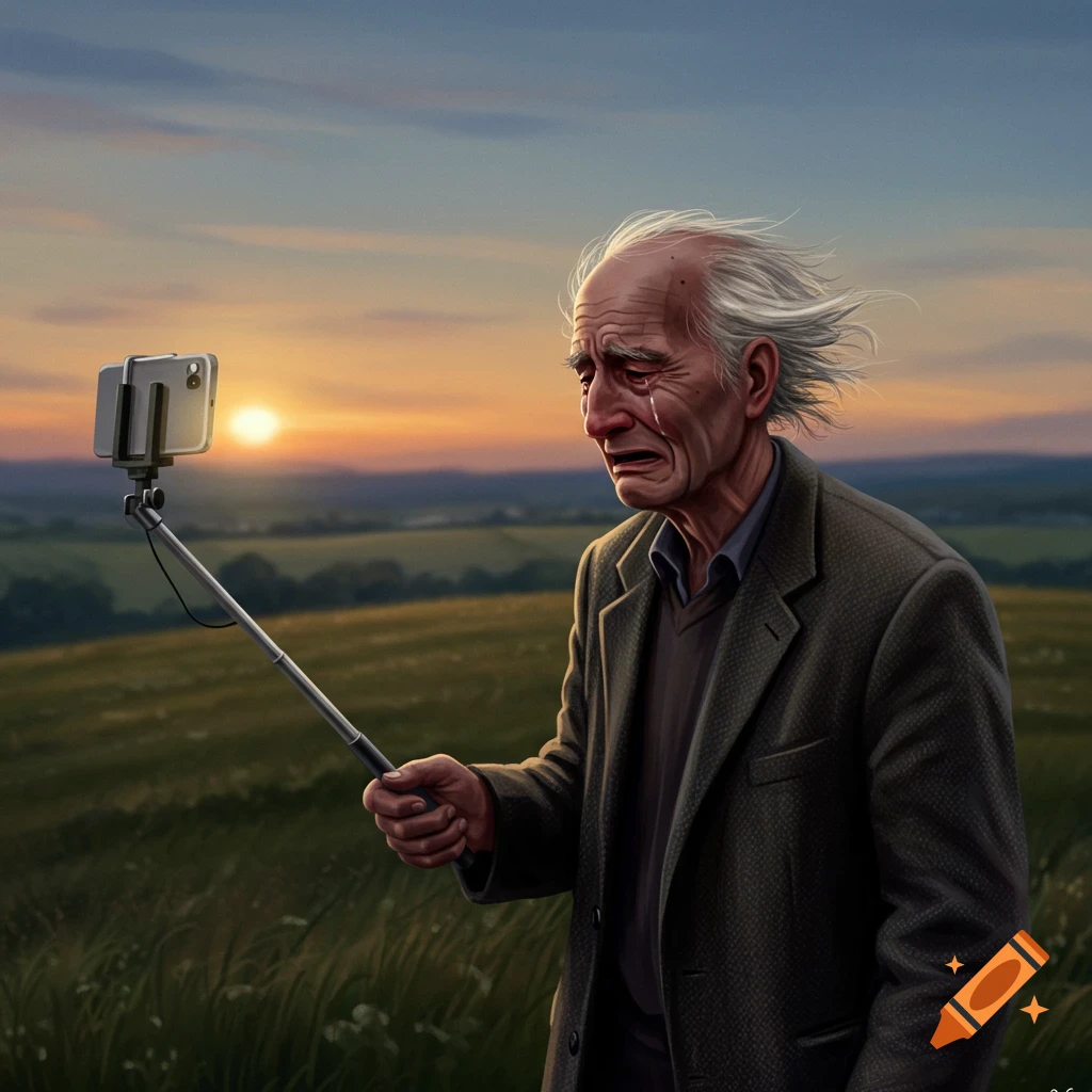 An old man with white hair, crying and holding a selfie stick, stands in a grassy field at sunset. Realistic painting style.
