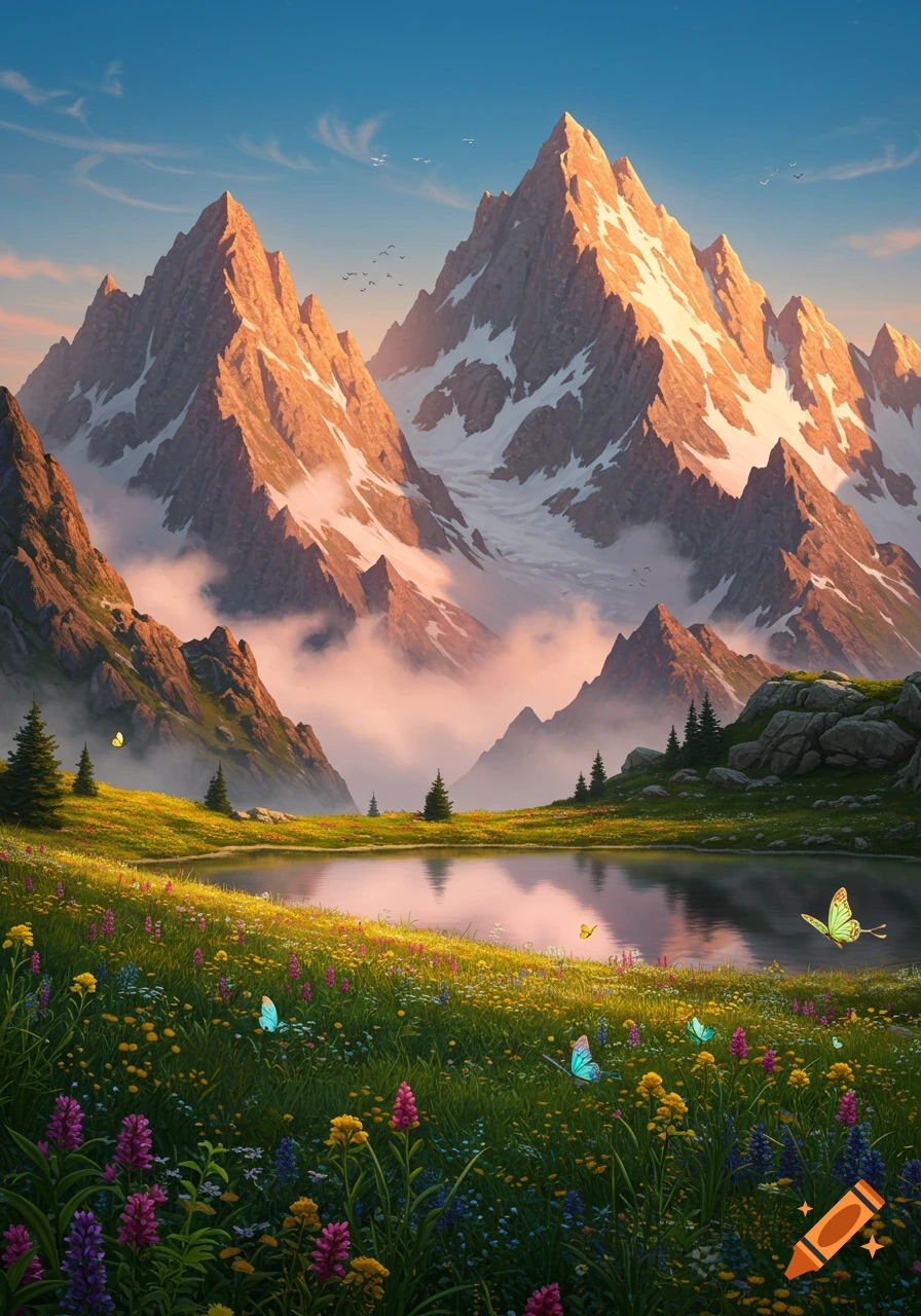 Photorealistic landscape of sun-kissed mountains, a tranquil lake, and a vibrant wildflower meadow with butterflies.