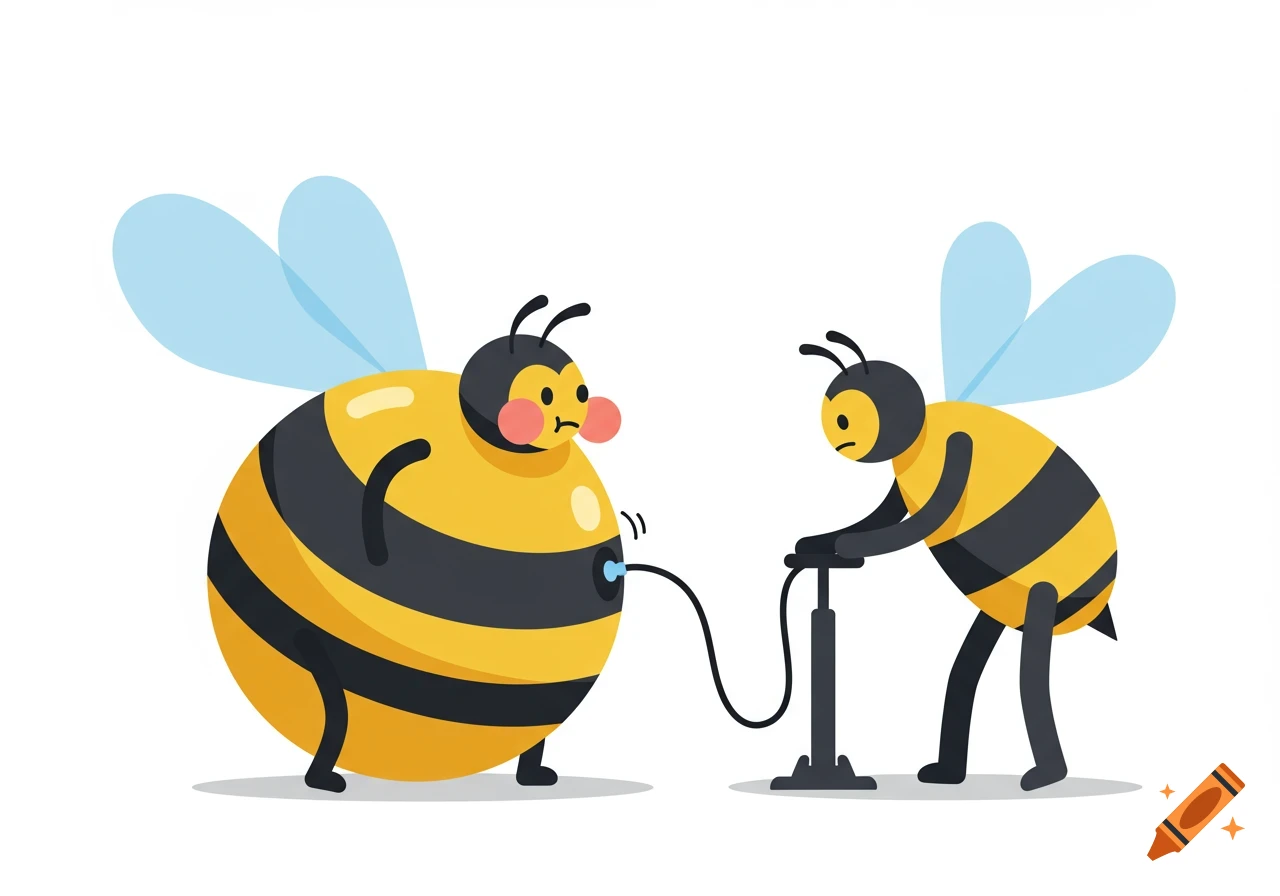 A round, cartoon bee with puffy cheeks is being inflated by another bee using a bike pump. Minimalist illustration.
