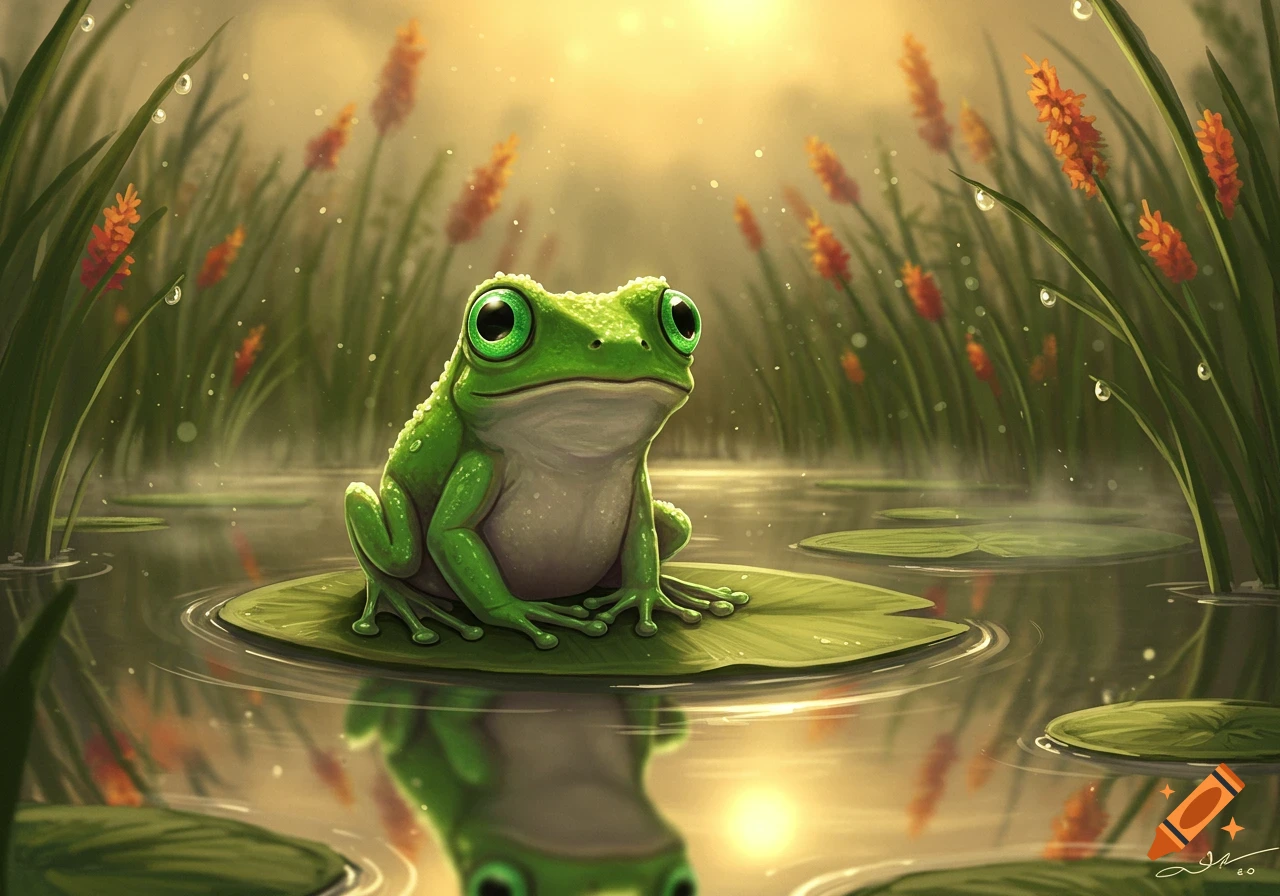 A cute, big-eyed green frog sits on a lily pad in a misty pond with tall grass and orange flowers, cartoon style.