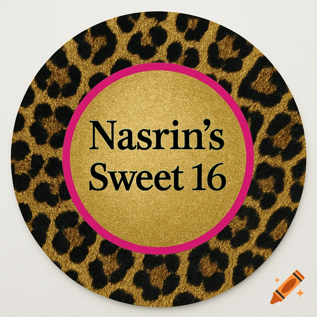 A round leopard print and gold design with a hot pink border, featuring the text "Nasrin's Sweet 16" in black.