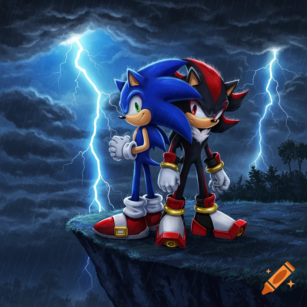 Sonic and Shadow stand on a cliff during a lightning storm and rain. Digital illustration.