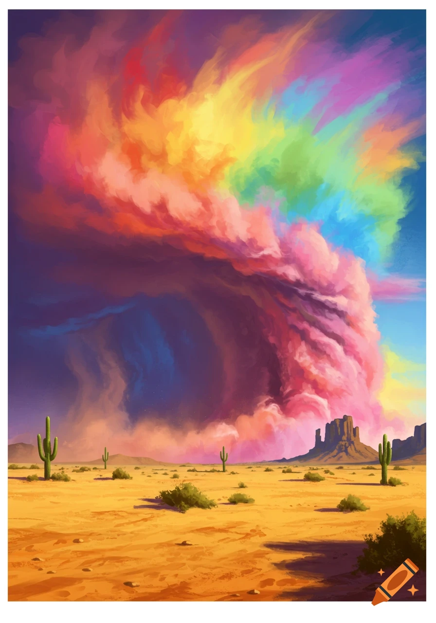 Vibrant, stylized desert landscape with saguaro cacti, mesas, and a massive rainbow-colored cloud formation.