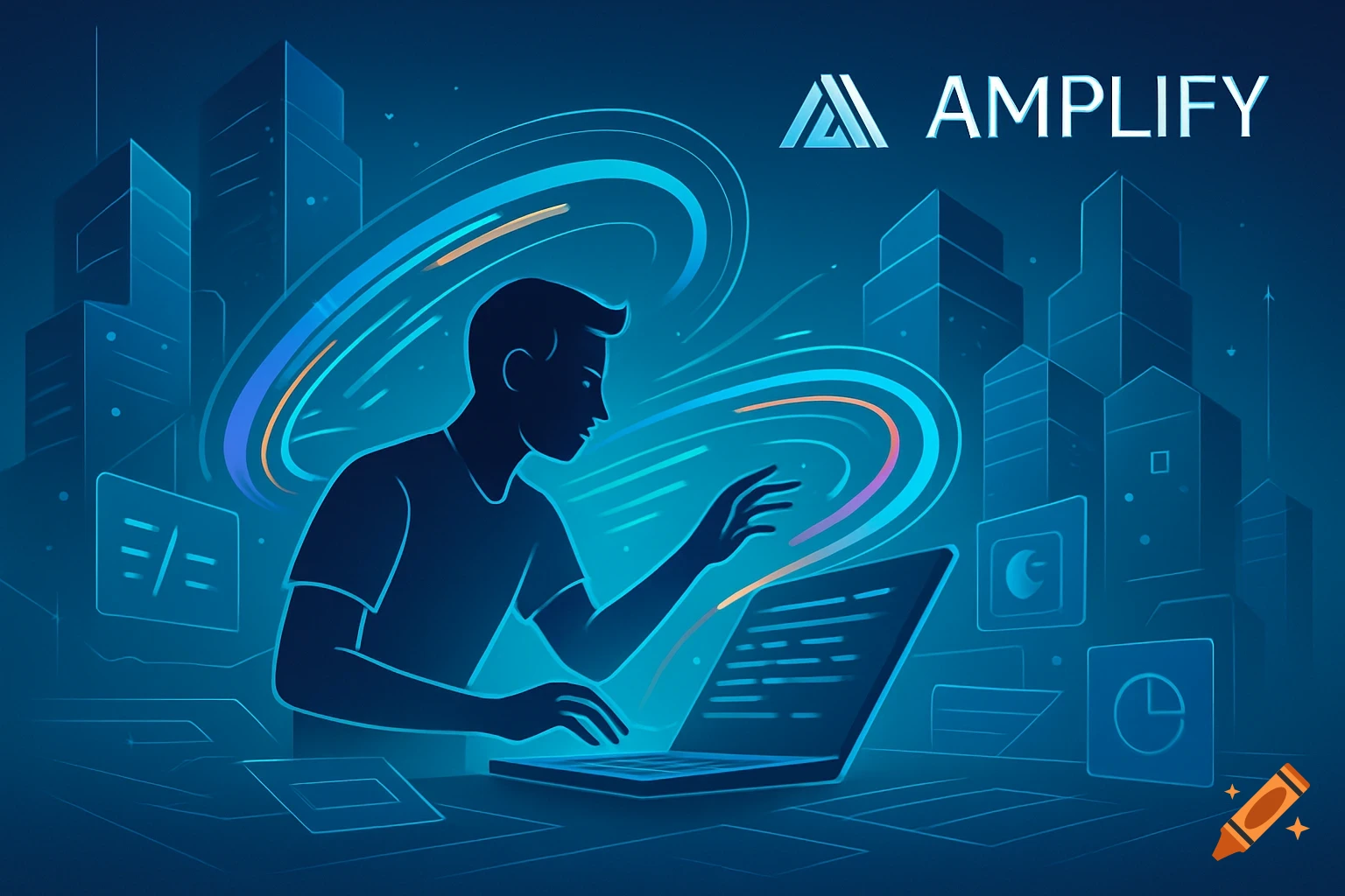 A stylized digital illustration of a person working on a laptop amidst flowing data streams and a cityscape. The logo 'AMPLIFY' is visible.