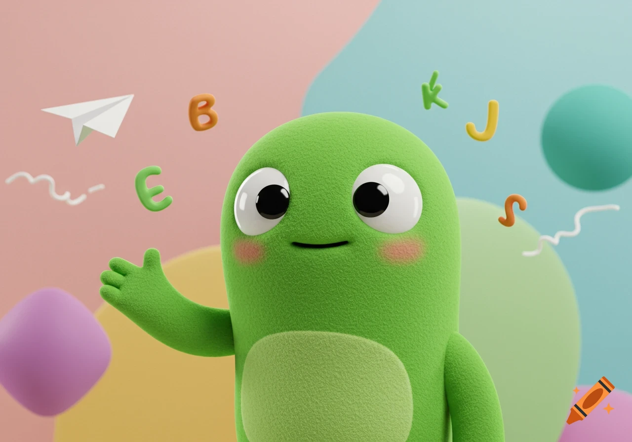 A cute, fluffy green cartoon character with big eyes and rosy cheeks waves. Colorful 3D letters and shapes float around it.