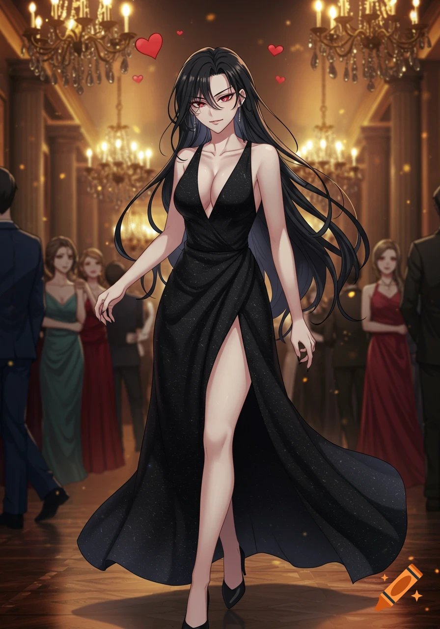 Anime woman with long black hair and red eyes in a black shimmering ballgown, walking confidently at a fancy party.
