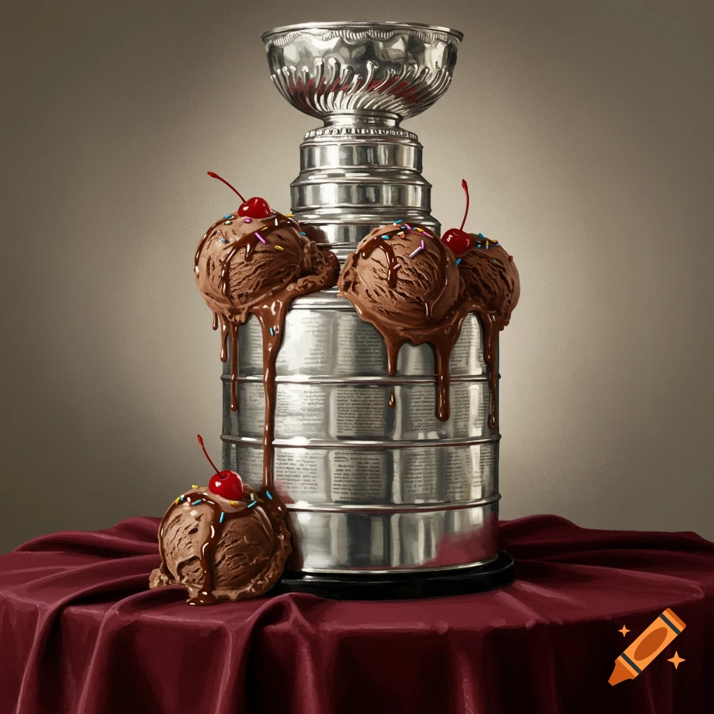 Photorealistic image of the Stanley Cup trophy overflowing with melting chocolate ice cream, drizzled with syrup, cherries, and sprinkles, all on a red velvet cloth.