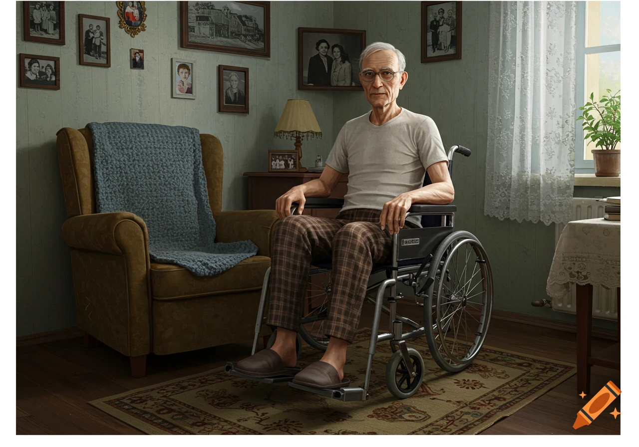 Photorealistic portrait of an elderly man with glasses in a wheelchair in a cozy, old-fashioned room with framed photos and a window.