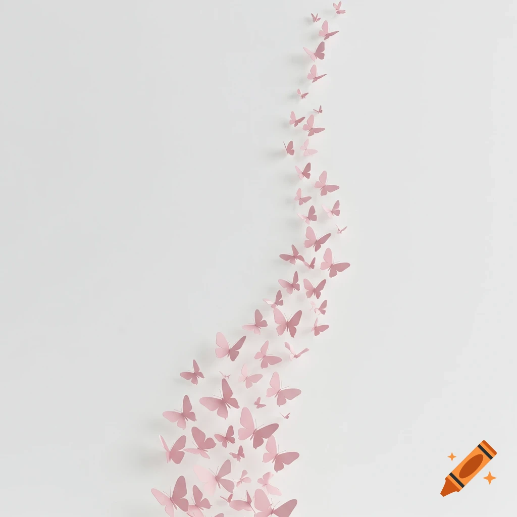 A stream of pink paper butterflies in various sizes ascends diagonally on a plain white background.