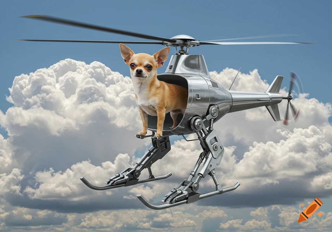 A Chihuahua dog stands inside a futuristic silver helicopter with robotic legs, flying through a cloudy blue sky.