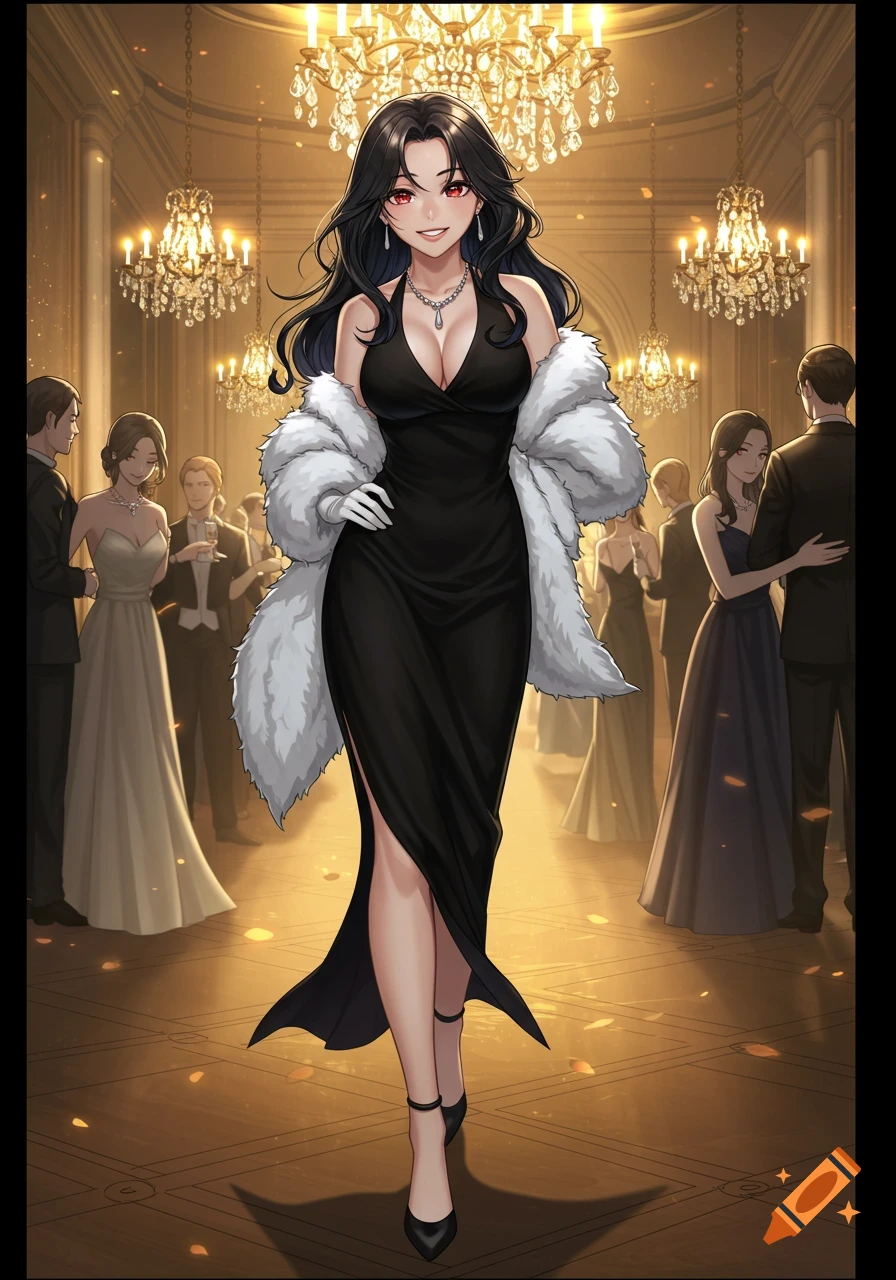 A happy anime woman with black hair and red eyes, wearing a black evening dress and white fur wrap, walks confidently through a fancy party.