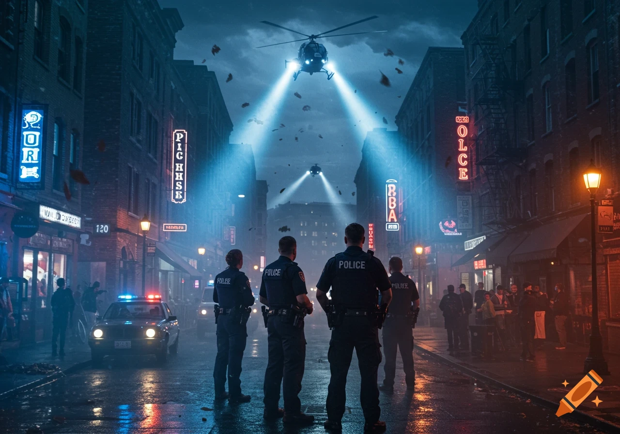 Four police officers stand in a rainy, neon-lit city street at night, looking up as two helicopters with bright searchlights hover overhead. A police car with flashing lights is in the background.