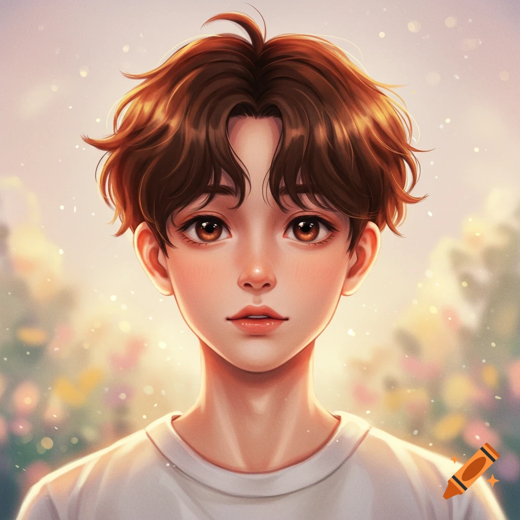 Stylized digital art portrait of a young boy with fluffy brown hair and brown eyes, wearing a white t-shirt, against a soft floral background.
