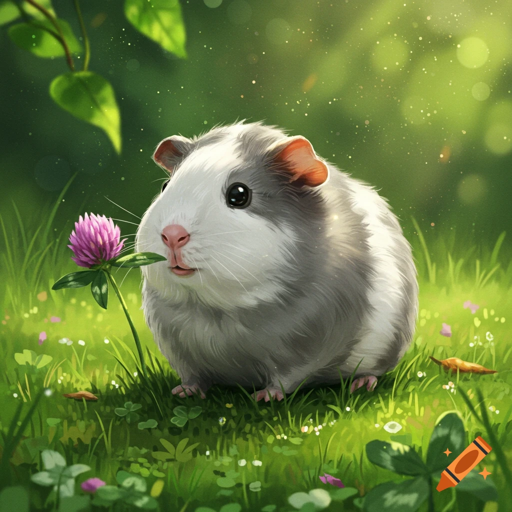 A grey and white guinea pig sniffs a pink clover flower in a sunny, vibrant green field with sparkling light.