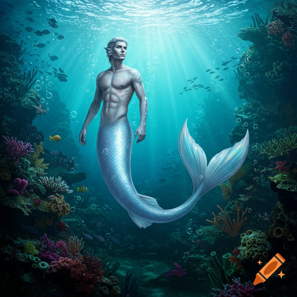 A muscular merman with silver hair and a shimmering light blue tail swims gracefully in a vibrant coral reef, sunlight streaming from above.
