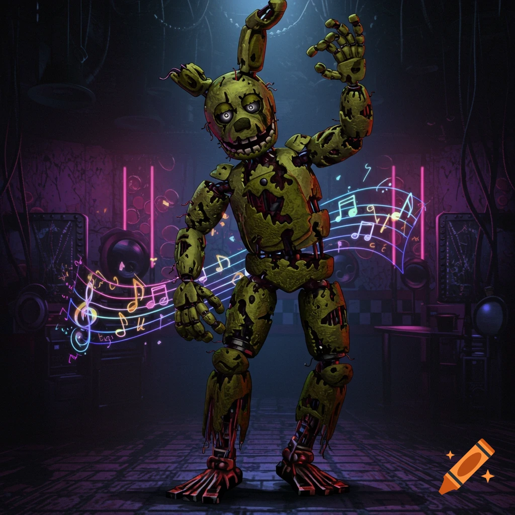 Springtrap, a decayed green animatronic rabbit from FNAF, dances in a dark, neon-lit room with musical notes.